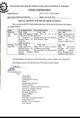 OYSCATECH notice on traiing for ND1 fresh students