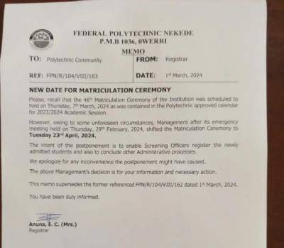 Federal Poly, Nekede announces March 7th as date for 2023/2024 Matriculation ceremony