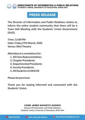 University of Education, Afaha Nsit, SUG invites students to a Town Hall Meeting