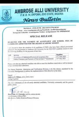 AAU notice on deadline for payment of acceptance and school fees, 2022/2023 session