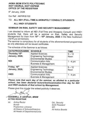 Akwa Poly notice to ND I and HND I students