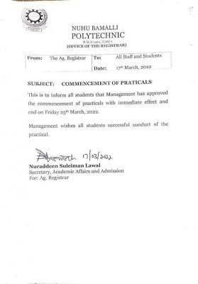 NUBAPOLY notice on commencement of practicals