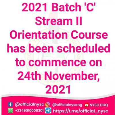 NYSC announces date for commencement of 2021 Batch 'C' stream II Orientation Course