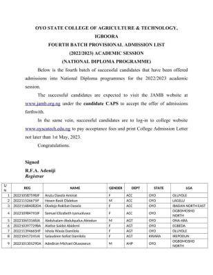 Oyo State College Of Agriculture Nd 4Th Batch Provisional Admission List, 2022/2023