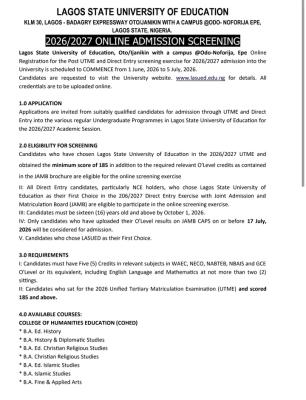 LASUED Post-UTME/DE 2026: Cut-off mark, Eligibility and Registration Details