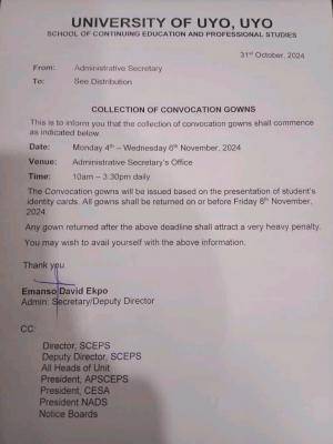 UNIUYO notice to graduands on collection of convocation gowns