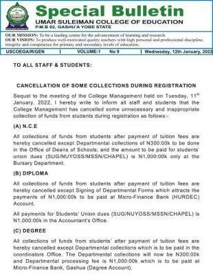 USCOEGA notice to students on cancellation of some registration fees
