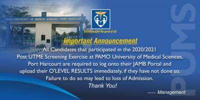 Pamo University of Medical Sciences notice on upload of results to 2020 candidates