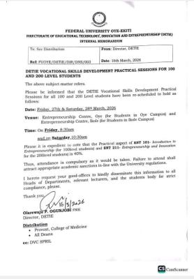 FUOYE reschedules DETIE vocational skills development practical sessions