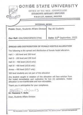 GOMSU notice to female students on spread & distribution of hostels allocation