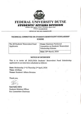 FUDutse interview schedule for 2025/2026 Students’ Benevolent Fund Applicants