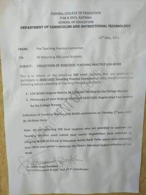 FCE, Katsina notice to 300L students on collection of teaching practice logbook
