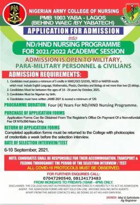 Nigerian army college of nursing ND&HND admission form 2021/2022 session