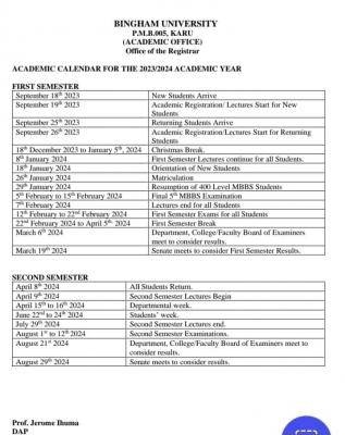 Bingham University Academic Calendar, 2023/2024