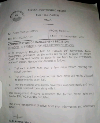 Fed Poly Nekede COVID-19 protocol for school resumption