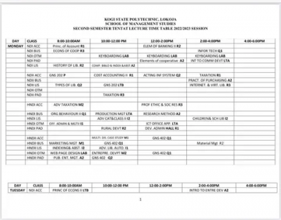 Kogi State Poly school of management studies 2nd semester lectures timetable