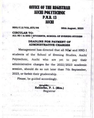 Auchi Poly deadline for payment of administrative charges
