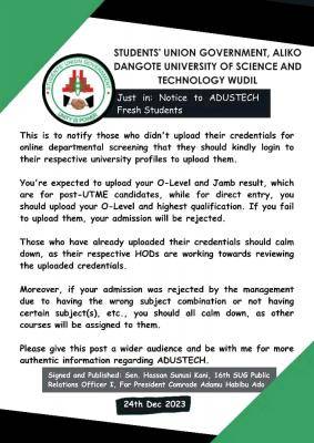 ADUSTECH SUG notice to fresh students