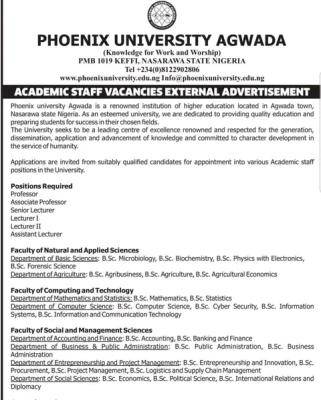 Phoenix University, Agwada announces academic staff vacancies
