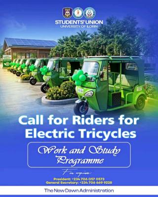 UNILORIN SUG calls for riders for electric tricycles under Work-study Scheme