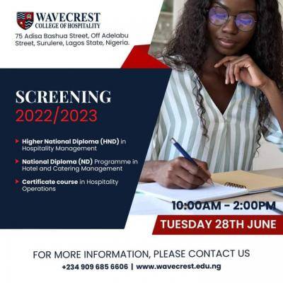 Wavecrest College of Hospitality 2022/2023 admission exercise, 