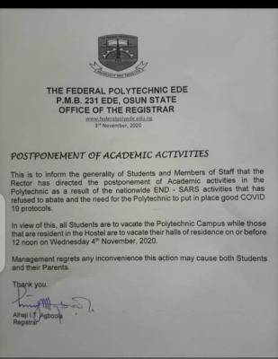 Federal Polytechnic Ede announces postponement of academic activities