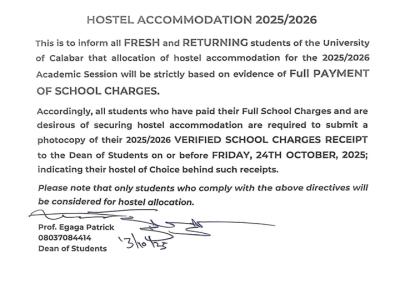 UNICAL notice on hostel accommodation