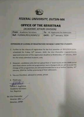 FUDutsin-ma notice on extension of new students' registration deadline
