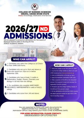 OFFICIAL: College of Nursing Sciences, Obudu Opens ND Nursing Admissions for 2026/2027 Session