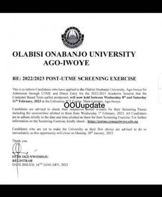 OOU announces new date for Post-UTME screening exercise, 2022/2023