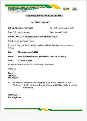 YABATECH Schedules Mandatory Meeting for Newly Recruited Staff