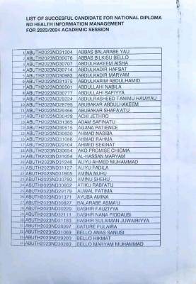 ABUTH ND Health Information admission list, 2023/2024
