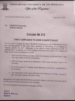 CRUTECH notice on strict compliance to Covid-19 safety rules