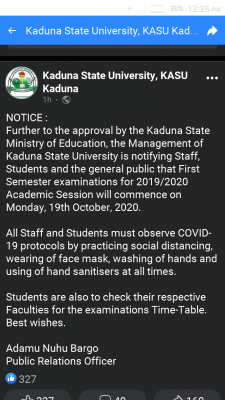 KASU notice on commencement of 1st semester exam for 2019/2020 session