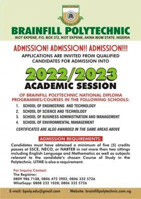 Brainfill Polytechnic Admission form for 2022/2023 session