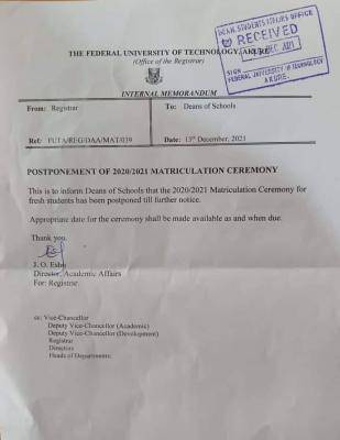 FUTA postpones 2020/2021 matriculation ceremony indefinitely