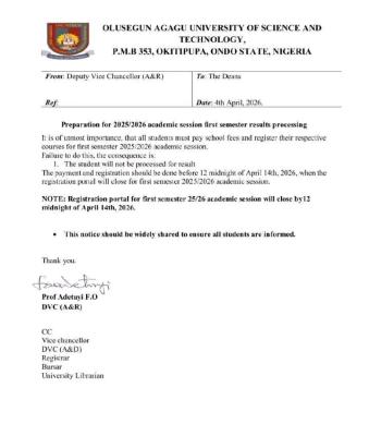 OAUSTECH notice to students on registration deadline, 2025/2026