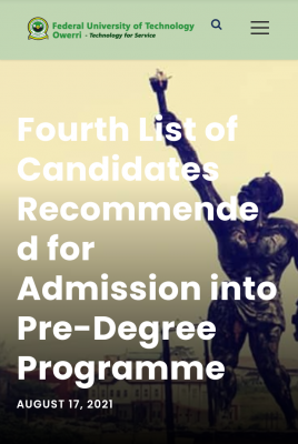 FUTO 4th pre-degree admission list, 2020/2021
