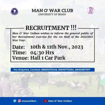 UNIBEN Man 'O' War Club notice on recruitment exercise
