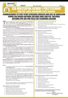 Isa Mustapha Agwai Poly releases Pre-ND,/HND Admission form, 2026/2027