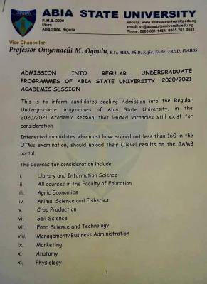 ABSU announces new admission into available courses for 2020/2021 session