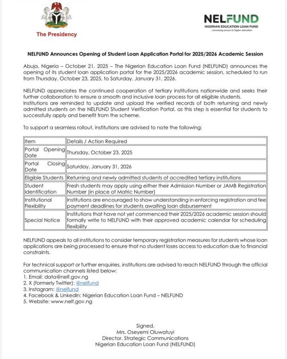 NELFUND announces opening of students' loan application portal