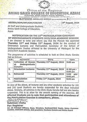 Aminu Saleh COE issues notice on 15th Matriculation Ceremony