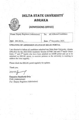 DELSU notice to candidates admitted on JAMB Portal but not on School's portal