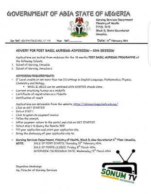 Abia State School of Nursing Post Basic Nursing Admission Form, 2024