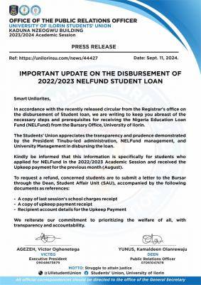 UNILORIN SUG update to students on disbursement of 2022/2023 NELFUND loan