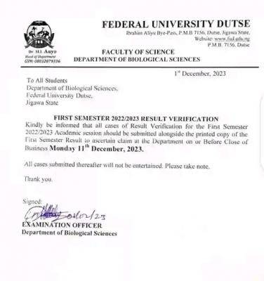 FUDUTSE Dept. of Biological Sciences notice on 1st semester result verification, 2022/2023