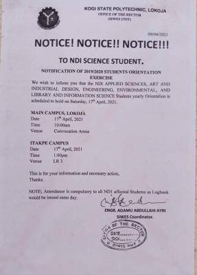 Kogi Poly notice on students orientation exercise
