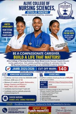 Alive College of Nursing Sciences Otolo Nnewi ND Nursing admission, 2025/2026