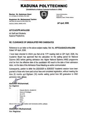 Kaduna Polytechnic clearance of unqualified HND candidates